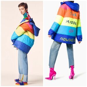 Mira Mikati Middle Of Nowhere Rainbow Stripe Hooded Puffer Coat $685 Size 2